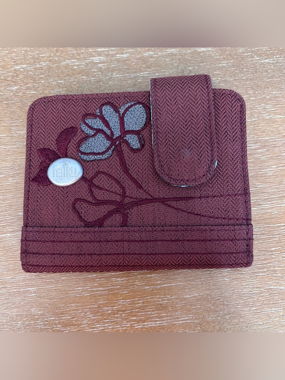haiku Maroon Floral Card Wallet with Snap Closure